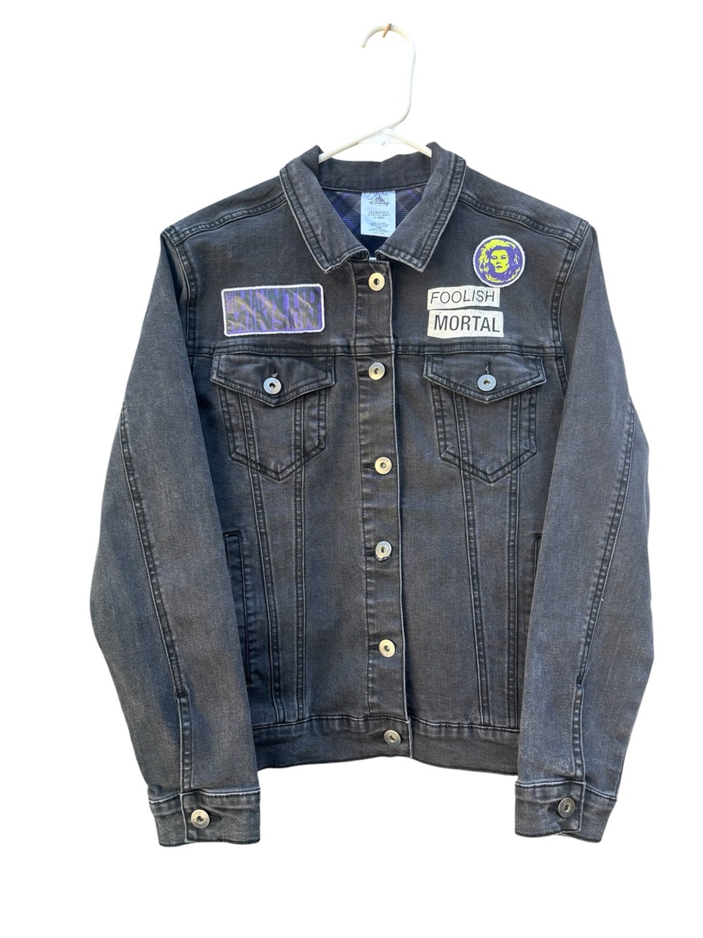 Disney Black Washed Denim Jacket with Purple & Yellow Patches